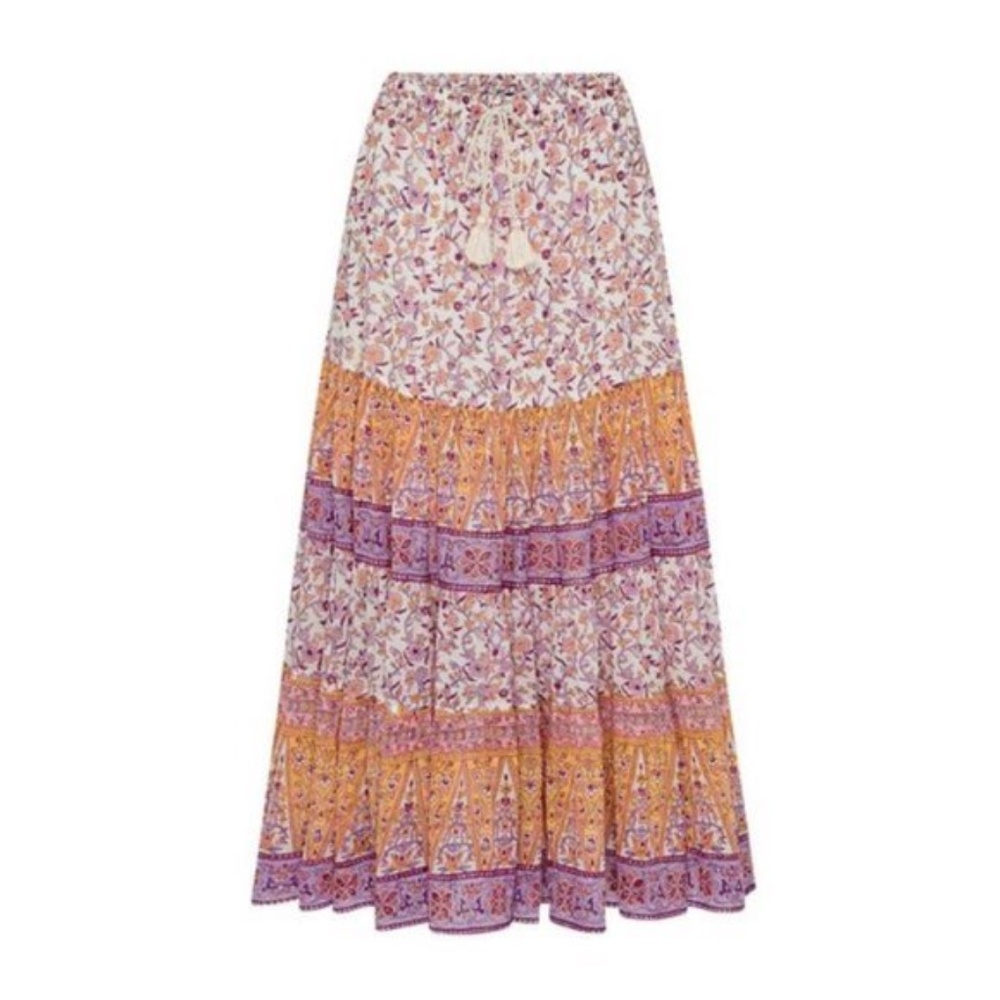 orange Pink Boho Floral Print maxi skirt tassel - Picture 4 of 7